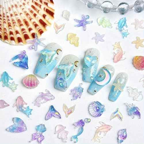 100 Pcs Marine Life Nail Charms, 3D Resin Charms Mermaid Jellyfish Seashell Starfish Nail Rhinestones Glow in The Dark Designs for Women Nail Supplies Summer Beach DIY Crafts Manicure Decoration