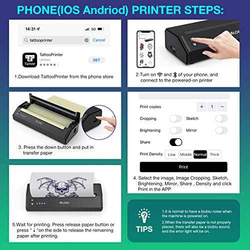 VLOXO Wireless Tattoo Stencil Printer, Portable Tattoo Thermal Transfer Copier Cordless Bluetooth Tattoo Machine with 10pcs Transfer Paper for Android and iOS Phone Pad & Laptop