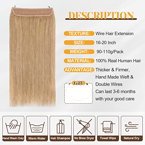 Benehair Human Hair Extensions Thick Ends Invisible Wire Real Human Hair with 2 Fish Lines Thicker Hairpieces 20inch 110g Dark Blonde Hair Extensions Straight Thicker Hairpieces for Women #27