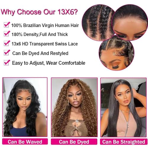 13x6 Deep Wave Lace Front Wigs Human Hair 180% Density Deep Curly Human Hair Wig Glueless HD Transparent Lace Frontal Wigs for Black Women Pre Plucked Natural Color (22 Inch)