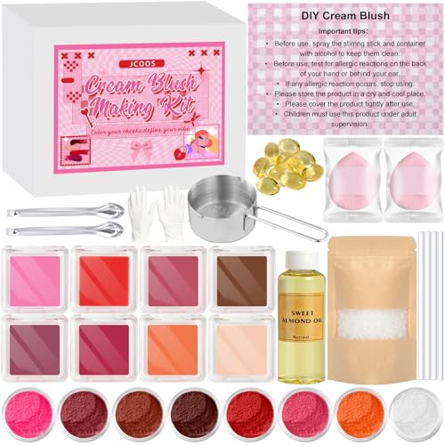 JCOOS DIY Blush Kit, 8 Colors Make Your Own Cream Blush Making Kit, for Cheeks, Face, Eyeshadow, Lip Dewy Finish with Beeswax, Sweet Almond Oil, Pigment, Containers, Puff Makeup Friend Gifts for Women