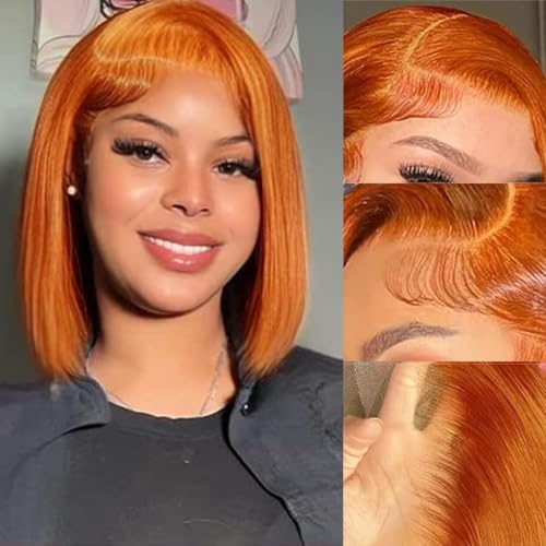 Ginger Orange Bob Wig Human Hair 13x4 HD Lace Frontal Wigs Human Hair for Women Ginger Glueless Short Straight Bob Lace Frontal Wigs 180% Density #350 10 Inch