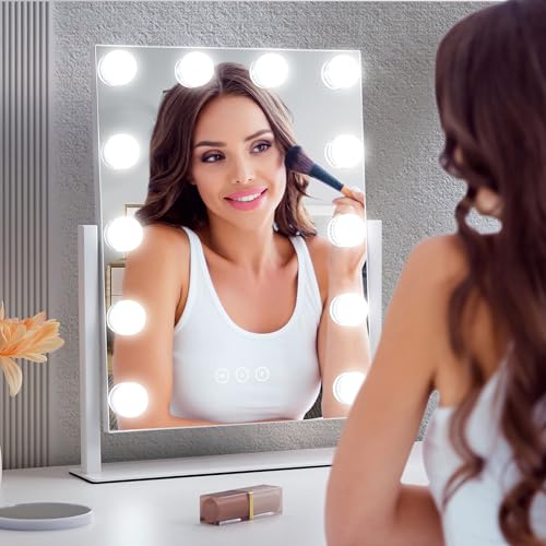 Vanity Makeup Mirror with Lights,3 Color Lighting Modes Detachable 10X Magnification Mirror Touch Control,360¡ÆRotation, White (14.6Inch)