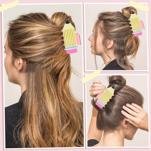 3Pcs Pencil Hair Claw Clips Funny Teacher Hair Clips Cute Back To School Accessories for Teachers Appreaction Present (Yellow)