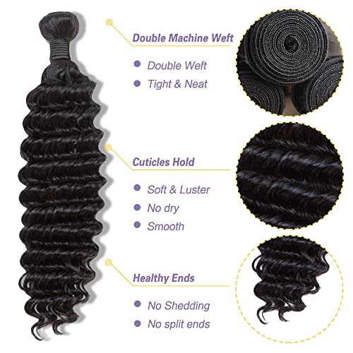 Deep Wave Bundles (12 14 16+10) 100% Unprocessed 3 Bundles Human Hair with 4x4 HD Lace Free Part Baby Hair Closure 10A Natural Color