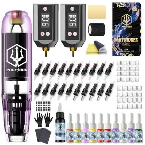 POSEIDON Tattoo Kit Tattoo Gun Kit, Tattoo Pen Kit with 2PCS 1400mAh Power Supply and 11 Tattoo Inks, Tattoo Machine Kit with 20pcs Tattoo Needles for Beginers