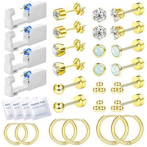 26 Pcs Ear Piercing Kit Ear Disposable Piercing Gun Kit Includes 4 Pcs Self Piercing Gun 18 Pcs Cubic Zirconia Earrings Stud Hoop Earrings 4 Cleaning Pads Easy-to-Use Ear Piercer Kit Tool