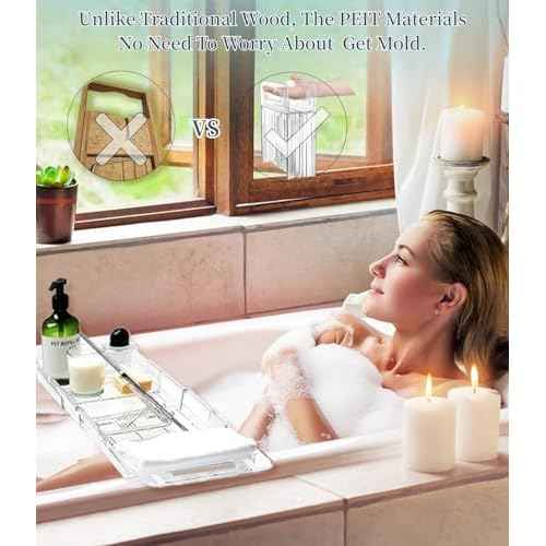 Bathtub Caddy Tray,Adjustable Bathtub Tray Table, Bath Organizer for Relaxing Spa-Features 2 Cup Holders, A Phone Stand with 5 Angle Adjustments,Non-Slip Silicone Pads,Won't Get Moldy,Easy to Clean.