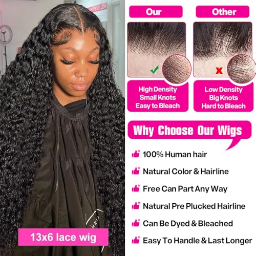 13x6 Deep Wave Lace Front Wigs Human Hair 200% Density HD Lace Frontal Wigs 12A Glueless Curly Wigs Human Hair Pre Plucked with Baby Hair Wet And Wavy Wigs for Black Women Natural Black 20 inch