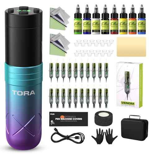 Filter Tattoo Gun Kit - Tattoo Machine Kit Tattoo Kit with 1600mAh Battery Power Supply, 20Pcs Tattoo Cartridge Needles and 8 Color Inks for Beginners and Artists (Tora Blue Purple)