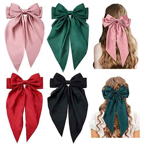 Cinaci 4 Pack Satin Silk Large Big Oversized Giant Long Tail Bow French Barrettes Ponytail Holder Christmas Red Green Hair Bows Alligator Hair Clips Ribbon Hair Accessories for Women Girls Teens