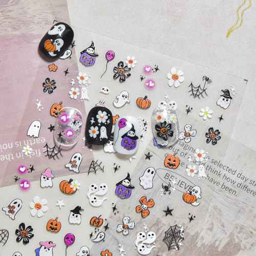 5D Embossed Halloween Nail Art Stickers Cute Ghost Nail Decals Self-Adhesive Pumpkin Skull Flower Spider Web Nails Design Stickers Halloween Nails Supplies for Women Holiday Manicure Decorations