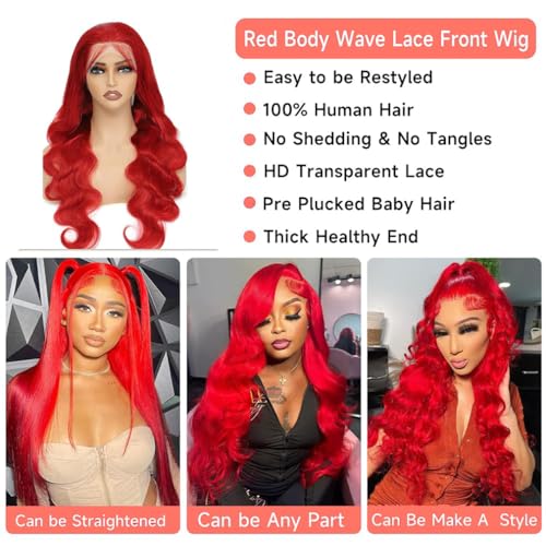 Red Body Wave Lace Front Wigs Hot Red Wig Human Hair 13x6 Frontal Wigs Human Hair Pre Plucked Red Body Wave Wig for Black Women 180% Density 26 Inch