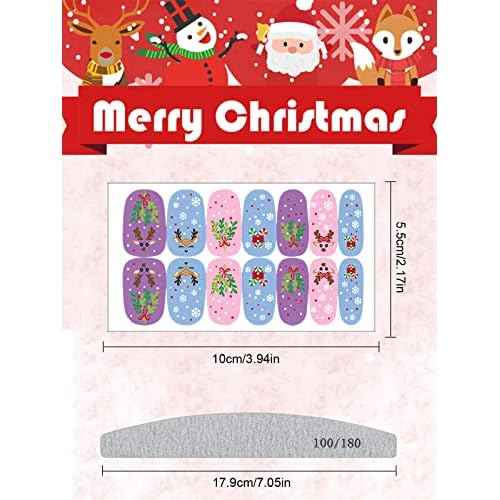 12 Sheets Christmas Full Nail Wraps Stickers, Wsimily Christmas Self-Adhesive Nail Polish Sticker Decals with 1Pcs Nail File Santa Claus Snowflakes Design for Women Girl Xmas Nail Decoration