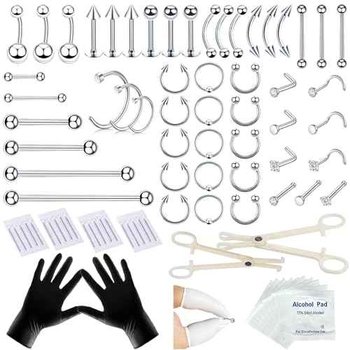 80PCS Nose Piercing Kit: Stainless Steel Body Piercing Jewelry with 12G, 14G, 16G, 20G Needles for Ear, Nose, Lip, Eyebrow