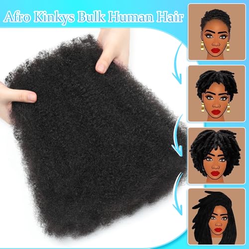 Afro Kinkys Bulk Human Hair 16 Inch Afro Kinky-Curly Human Hair Bulk for Twist Dreadlock Extensions Locs Repair Soft 4C Curly for Braids 6 Bundles 105 Gram Natural Color#