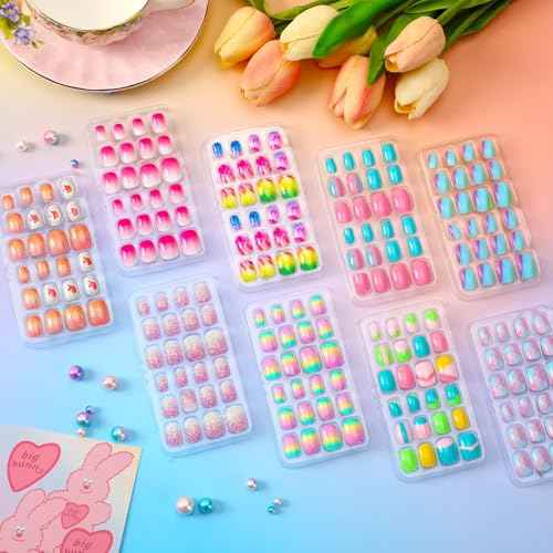 216Pcs 9 Pack Kids Press on Nails Grils Full Cover Short False Stick on Nail Tips for Kids Nail Art Decoration Christmas Birthday Valentine's Party Favors Gift(Gradient Style)