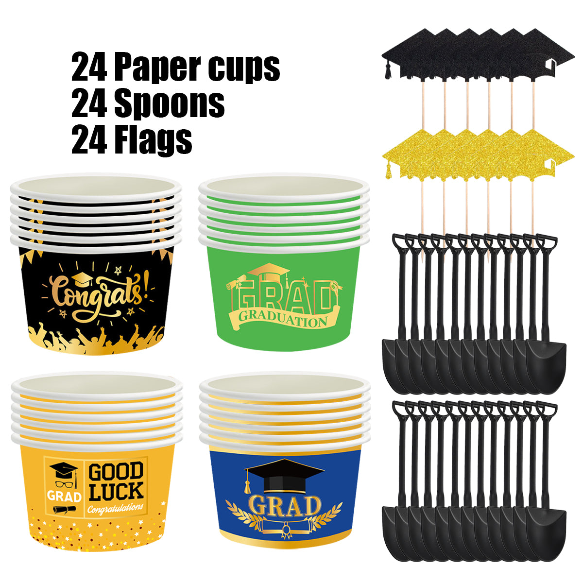 24 Pcs Graduation Party Ice Cream Cups with Spoons & Toppers
