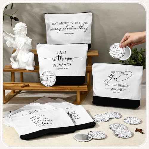 Kacctyen 20 Pcs Christian Gift for Women Bulk 10 Inspirational Religious Canvas Makeup Bag 10 Mini Christian Compact Mirrors Religious Gifts for Pastor Church Christmas Thanksgiving Gifts(Classic)