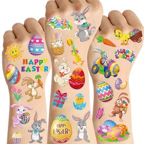 10 Sheets Happy Easter Tattoos For Kids Boys Girls Temporary Tattoos Easter Party Decoration Goodie Bag Fillers, Funny Bunny Eggs Fake Tattoo Sticker Easter Party Favor Supplies Easter Basket Stuffers