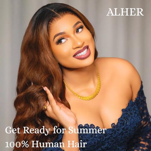 ALHER T1B/30 Human Hair Bundles Body Wave, 12A Ombre Brown Colored 3 Bundles Dark Root Two-tone, 100% Brazilian Virgin Remy Human Hair for Black Women Soft Thick Wavy 14 16 18 Inch