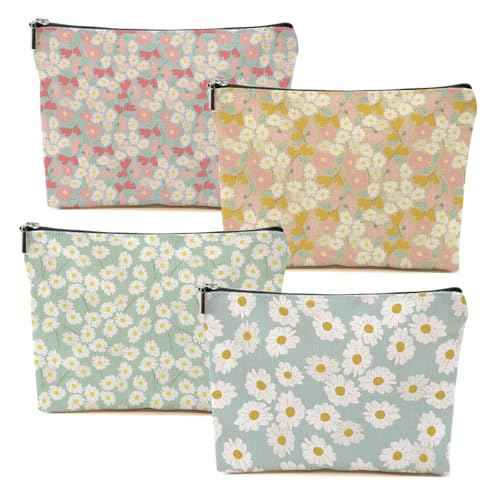 4 Packs Vintage Daisy Flowers Makeup Bag Floral Cosmetic Bag Friend Friendship Gifts for Women Girls Sister Coworker Botanical Travel Organizer Zipper Pouch Christmas Thanksgiving Birthday Gifts