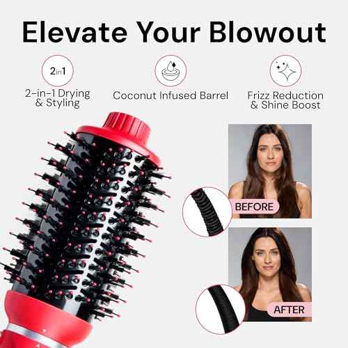 L'ANGE HAIR VolumeBoost 60mm 2-in-1 Ceramic Volumizing Brush Dryer | Fast Drying & Styling for Frizz-Free, Voluminous Blowouts | Ceramic-Coated Barrel (Red)