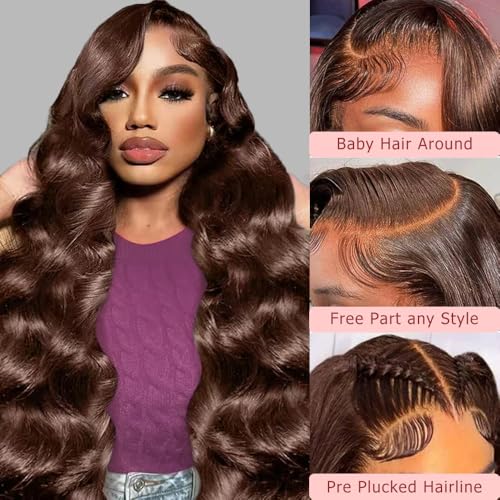 mogge Body Wave 13x6 Hd Lace Front Wigs Human Hair Pre Plucked Chocolate Brown Lace Front Wig 200 Density Colored Lace Human Hair Wigs for Black Women 4# Brown Wig 22 Inch