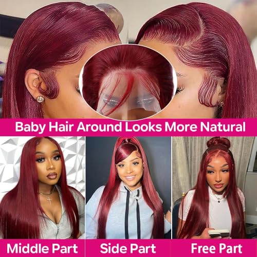99j Burgundy 13x6 HD Lace Front Wigs Human Hair 22inch Straight Human Hair Wigs HD Lace Frontal Wigs for Black Women 250% Density Glueless Wigs Human Hair Pre Plucked Pre Cut With Baby Hair