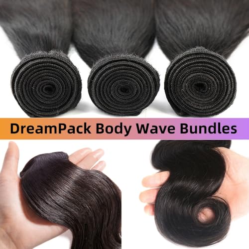 Bundles with Closure Human Hair Body Wave Bundles Human Hair with 4x4 Lace Closure 100% Unprocessed Virgin Hair Extensions Natural Color (14" 14" 14" + 10" Closure)