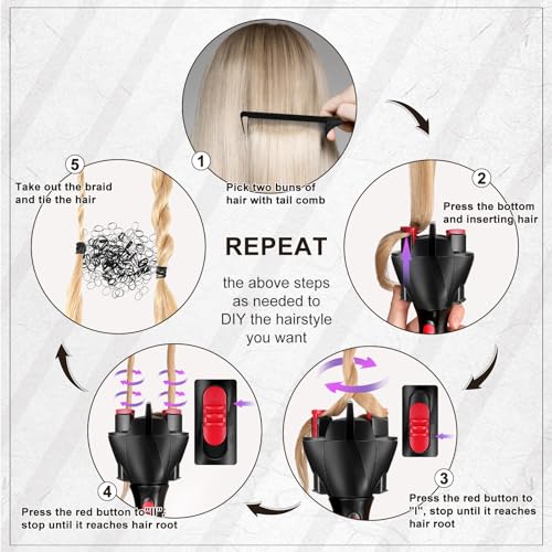 Honoson Hair Braider Set, 7 Pieces Automatic Hair Braider with Electronic Hair Braiding Tool Machine, Rat Tail Comb and Crocodile Hair Clips for DIY Hair Styling (Bright Color)