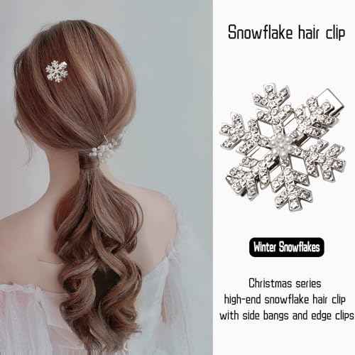 12 Pcs Snowflake Hair Clips - Rhinestone Pearl Accessories, Christmas Sparkly Pins, Cute Small Silver Metal Barrettes for Women Girls
