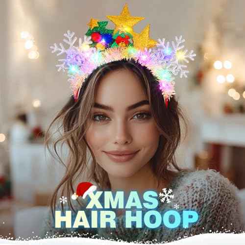 JEAIRTS Light Up Christmas Snowflake Headbands Led Christmas Tree Hair Band Light Up Star Xmas Headpiece Glowing Holiday Hair Accessories for Women