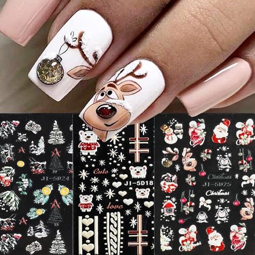 6 Sheets Christmas Nail Stickers, 5D Christmas Nail Art Stickers Decals Embossed Snowflake Bears Elk Snowman Bells Winter Xmas Holiday Colorful Nail Supplies for Women Christmas Nail Design Decoration