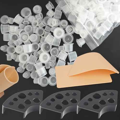 305Pcs 3MM Tattoo Skin and Ink Caps Kit - Emalla 2Pcs Fake Skin Practice and 3Pcs Black Tattoo Ink Cups Holder with 300Pcs Tattoo Ink Caps 100 Small 100 Medium 100 Large Tattoo Supplies for Beginners