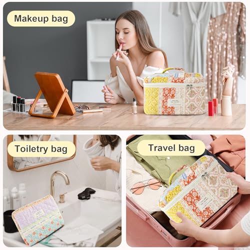 3Pcs Makeup Bag Cotton Quilted Travel Cosmetic Bag Cute Floral Makeup Pouch Large Toiletry Bag for Women Girls (Flower stitching)