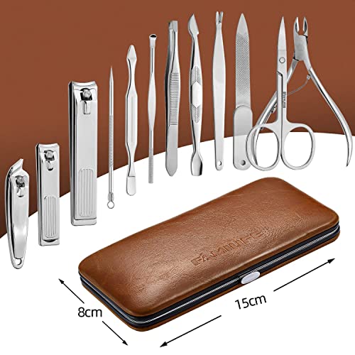FAMILIFE Manicure Set, Professional Nail Kit Nail Clipper Set, 12PCS Stainless Steel Manicure Kit, with Brown Leather Travel Case Luxury Gifts for Him