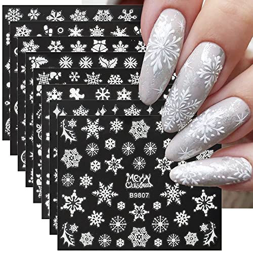 30 Sheets Christmas Snowflake Nail Stickers, Winter Snowflakes Christmas Nail Decals 3D Self Adhesive Nail Art Stickers Xmas Nail Designs White Snowflake Stickers for Nails Decor Women Nail Supplies