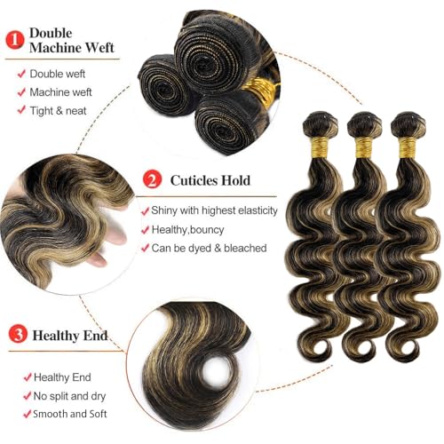 1B Ombre Bundles P1B/27 Two Tone Body Wave Human Hair Bundles Highlight Natural Black and Honey Blonde Weave Double Weft Brazilian Human Hair Extensions 18/20/22 Inch