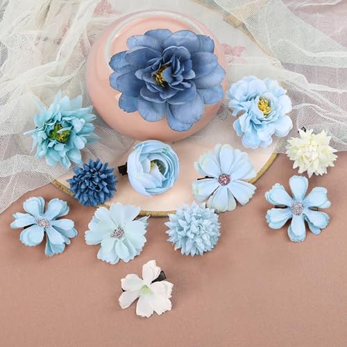 Hair Clip Decorations, 12Pcs Silk Flower Hair Clips, Misty Blue, for Women's Hair Decorative, Beach Party, Wedding, Daily Use