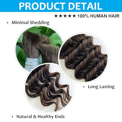 Human Hair Braiding Hair 26 Inch Deep Wave Bulk Human Hair For Braiding Boho Braids Natural Brown