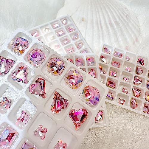 Dornail 25 Pcs Pink Nail Rhinestones & Charms, Shiny Butterfly & Heart Shapes, Rectangular Rhinestones & Diamonds for DIY Craft & Jewelry Nail Design