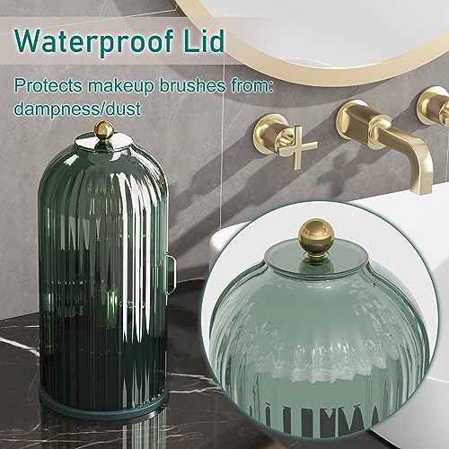 GAXmi Makeup Brush Holder with Lid Cosmetic Tools Organizer 360 Rotating Waterproof Dustproof Beauty Brushes Storage for Vanity, All Green