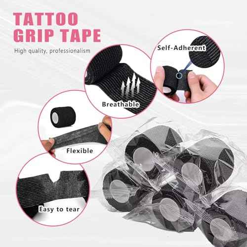 LEEYUKA 200Pcs Large Tattoo Machine Pen Covers with 6Pcs Grip Tape Machine Wrap Pink Tattoo Pen Sleeves with Self-Adhesive Tape Tattoo Supplies