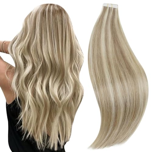 RUNATURE Tape in Hair Extensions Real Human Hair Blonde Tape in Human Hair Extensions 24 Inch Ash Brown with Platinum Blonde Hair Extension Tape ins Real Human Hair 50g 20pcs