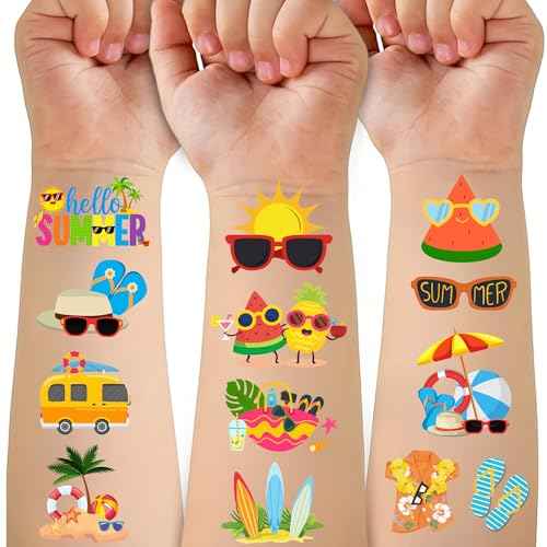 50 PCS Summer Party Temporary Tattoos for Kids, Hawaiian Luau Themed Tattoos for Birthday Party Supplies Pool Party Tropical Beach Tattoo Stickers for Kids Boys Girls Party Bag Filler