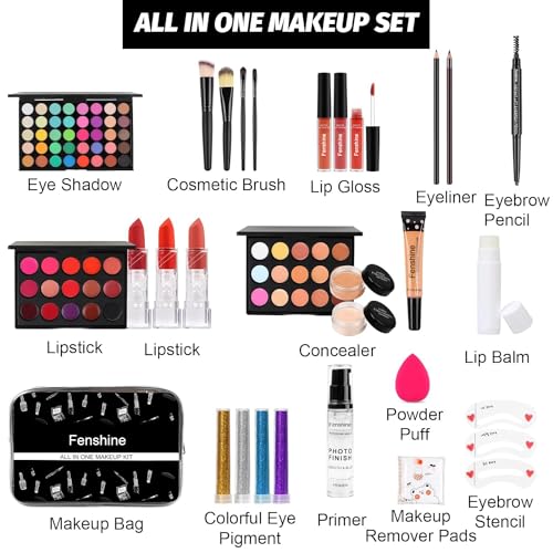 Fenshine All In One Makeup Kit for Women Full Kit, Makeup Gift Set for Women Beginners, Makeup Essential Starter Bundle Include Eyeshadow Palette Lipstick Eyebrow Pencil Brush Set (Type C)