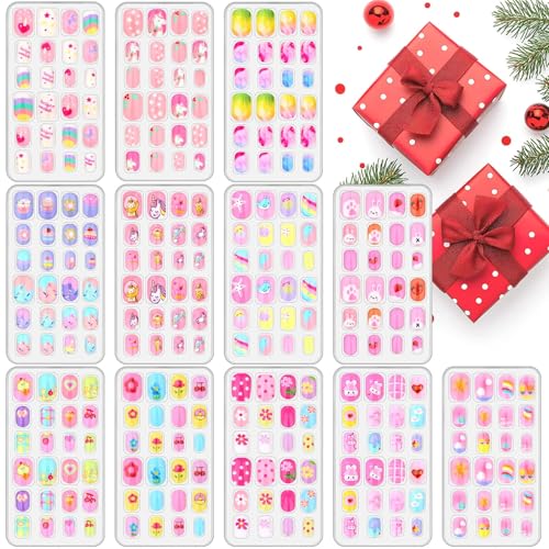288 Pieces Kids Nails Press ons for Girls, Acejoz Fake Nail Set Pre Glue Stick on Short Nails for Children Little Girls 8-12