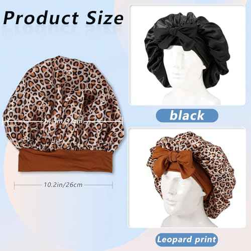 2 Pcs Satin Silk Bonnets for Women,Hair Bonnet with Tie Band,Silk Bonnet Sleeping Cap for Curly Hair,Black & Leopard