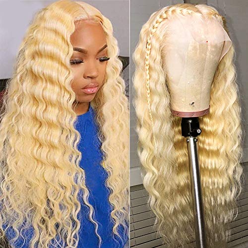 Blonde Virgin Human Hair Wigs Water Wave 18Inch 150% 13x6 Lace Frontal Wigs Deep Parting with Baby Hair Pre Plucked Natural Hairline Wet and Wavy Hair Wig Deep Wave 613 Lace Wigs(Can Be Dyed)